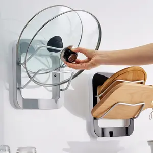 1pc No-Drill Wall-Mounted Pot Lid & Cutting Board Holder - Multi-Layer Rack for Kitchen Chopping Boards & Trivets, Drainage Organizer with Strong Load-Bearing, Easy Access Hanging Storage