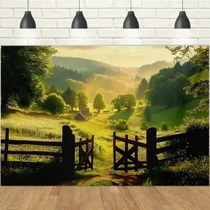 1pc 2D Pastoral Valley Sunrise Theme Banner, Forest Country Wooden Gate Scenery Backdrop, Party Decoration Tapestry, Photo Booth Background Cloth for Multi-scene Atmosphere Decoration