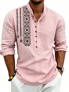 Men's Linen Stand Collar Long Sleeve Top, Vintage Ethnic Print Henry Neck Shirt, Casual Loose-Fitting Blouse for All Seasons