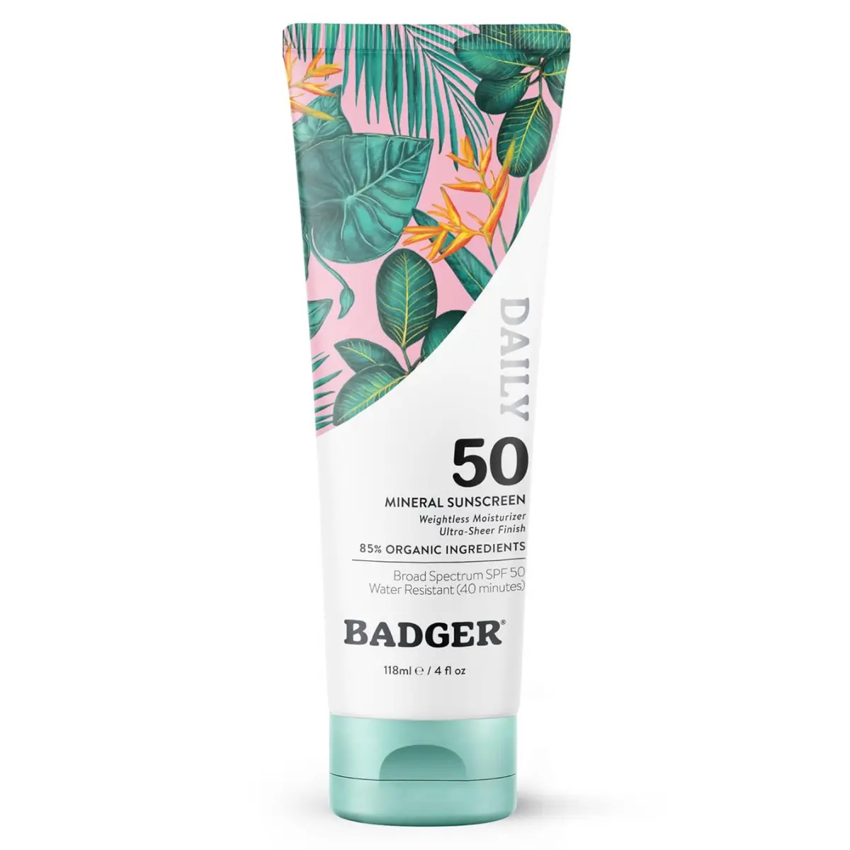 Badger SPF 50 Daily Mineral Sunscreen, Sheer Zinc Oxide, 4 fl oz | 85% Organic, Lightweight, No White Cast, Moisturizing, Reef Safe, Vegan, Unscented, Daily sunscreen SPF 50