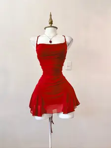 Women's Valentine's Day Sexy Sleeveless One Shoulder Strap Short Dress, Plain Design Long Dress, Perfect for Parties and Events