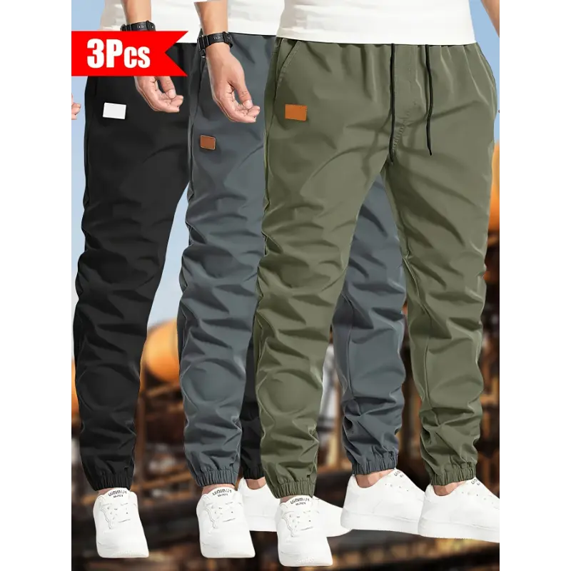 Men's 3pcs Solid Color Loose-Fitting Drawstring Waist Joggers - Outdoor Hiking Cropped Length Cargo Pants, Polyester, Machine Washable, Black+Dark Gray+Olive Green with Patch Detail, Regular, Standard Sizes, Regular Cut, Dry Clean, Male, Sporty Chic, Blac