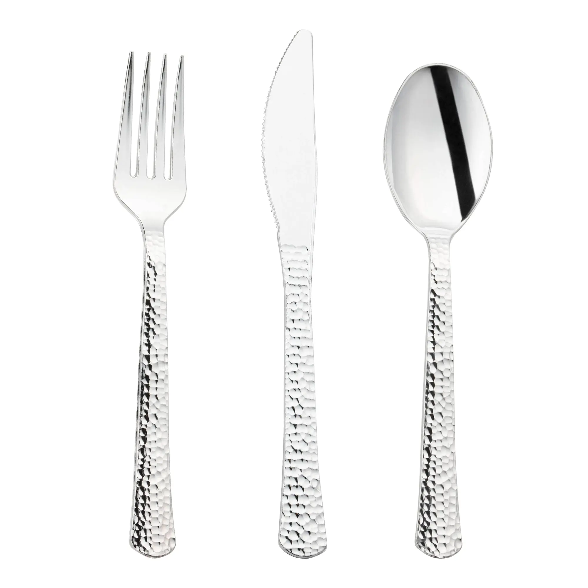 Shiny Metallic Silver Hammered Plastic Cutlery Set