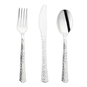 Shiny Metallic Silver Hammered Plastic Cutlery Set