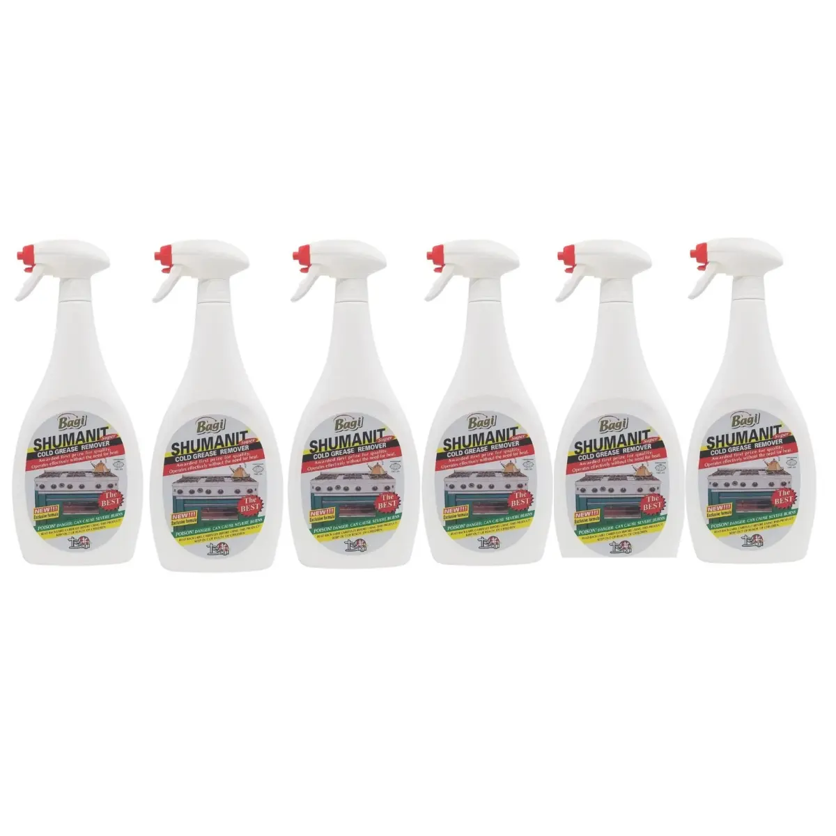 Shumanit Bagi Unscented Cold Grease Remover Liquid Cleaner - 26.4 Fl Oz (500-1000 ml) Lockable Bottle, Kosher For Passover, Sanisco Packaging (6 Pack), Hypoallergenic Ready-To-Use Household Indoor Kitchen Clean Solution