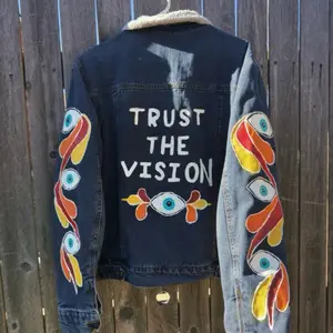Hand Painted Jacket with "Trust The Vision" Design and Eye Motifs on Sleeves