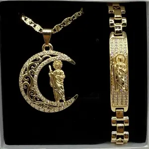 San Judas Tadeo Jewelry Set Necklace And Bracelet Gold Plated with Crescent Moon Design and Cross Accents