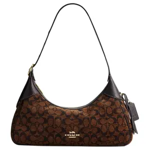 COACH Ella 35 Classic Monogram Crossbody Bag for Women, Metallic Hardware, Fabric and Leather, Small Size, Gold and Truffle