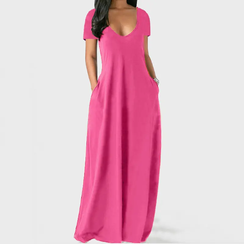 Cozy Feminine Dress  Neck Short Sleeve Flowy Maxi Dress Casual Park Vacation Pocket Dress