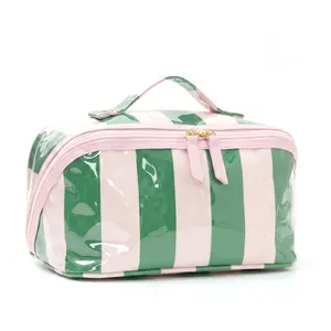 Large Capacity Striped PVC Makeup Bag, Stylish Simple Waterproof Cosmetic Organizer & Pouch, Portable Travel Toiletry Case with Top Single Handle Strap, Women's Trendy Travel Essential, Cosmetic Pouch outdoorfun