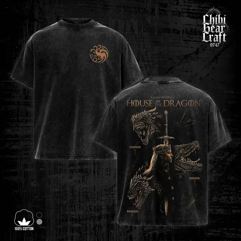 House Of The Dragon Shirt Daenerys Targaryen Game Of Thrones Vintage Acid Washed Oversized T-Shirt Tank Top Gothic Hoodie Graphic Tee Y2K Clothing Summer Men Clothes Outfits Unisex Cinema Clothes Gifts For Him Epic Fantasy TV Show Merch Retro Top