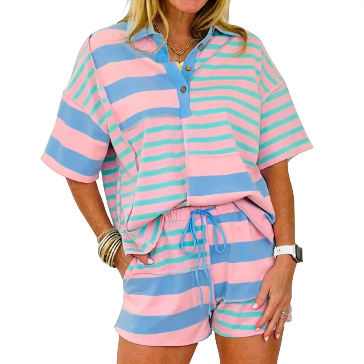Mntaor Women's Pink Stripe 2-Piece Loose Short Set with Exposed Seam Detailing, Mixed Patchwork Design for Casual Summer Wear, Beach Outfits