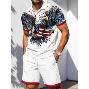 Independence Day Limited Edition American Eagle Flag Print Men's Short Sleeve Polo Set, Breathable Comfort Casual Vacation Wear, Slim-Fitting Suit, Casual Outfit Set