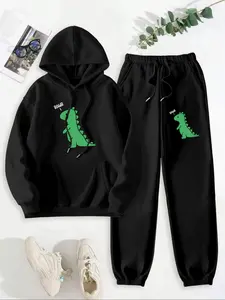 Women's Cartoon Dinosaur Print Drop Shoulder Hoodie & Drawstring Waist Sweatpants Two-piece Set, Fashion Casual Hooded Sweatshirt & Pocket Trousers for Daily Outdoor Wear, Women Clothes for Fall & Winter