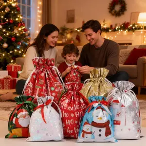 Christmas Drawstring Bags Set, Metal Color & Colorful Gift Pouches, Ideal for Christmas Gifts, Party Supplies, Home Decor
