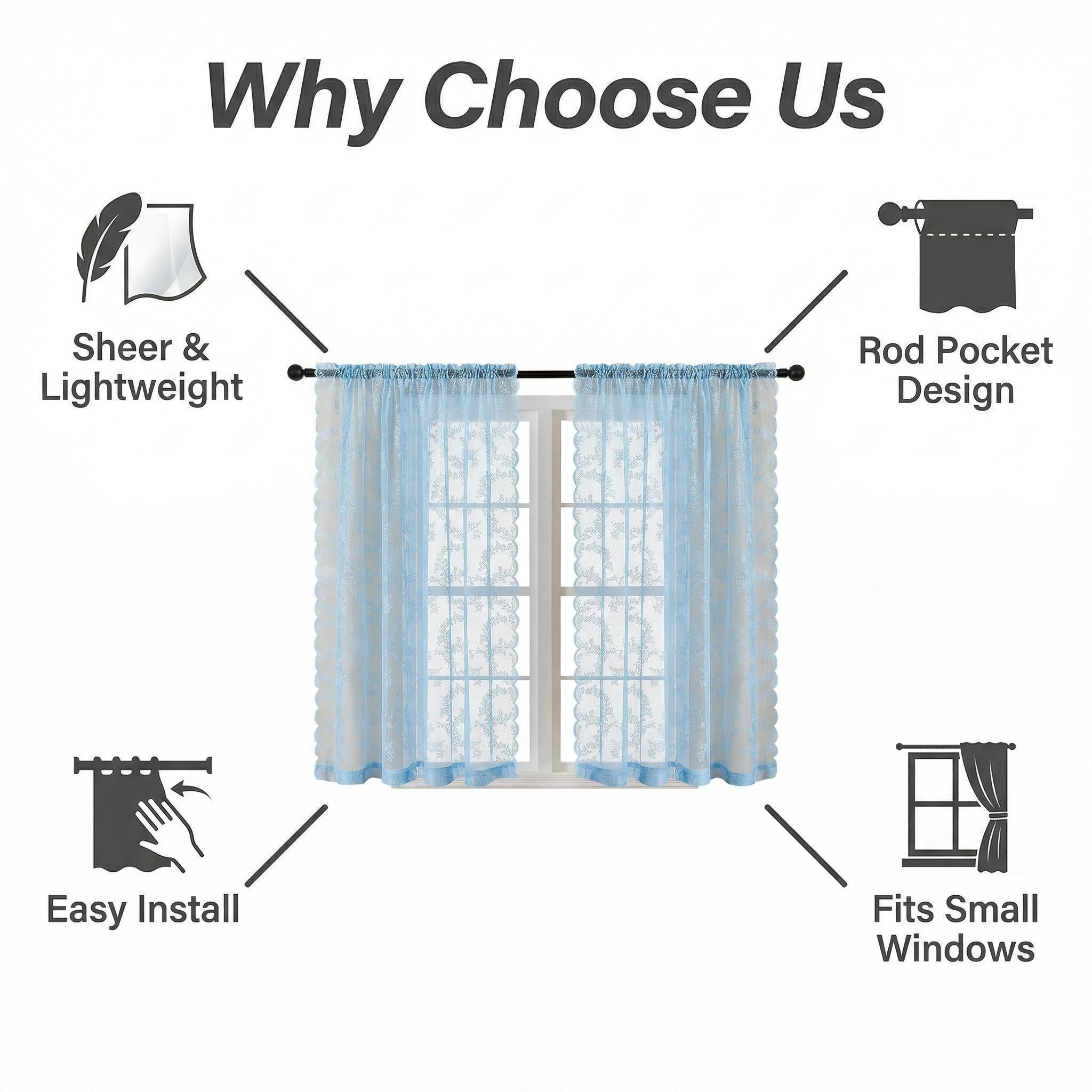 Window Wear 4 Panels, 34X63 Inches, woven lace fabric, kitchen curtain decoration, elegant and luxurious, pole-style, easy to install, can beautifully decorate your home, L46, L822