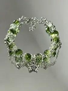 Crackle Glass Bead Bracelet with Butterfly Pendant, Women's Elegant Jewelry, Versatile Accessory Gift, Stylish Handmade Design