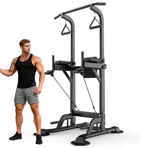 Power Tower Dip Station Pull Up Bar 32.3' H-Shaped Base Height Adjustable 330lbs Multi-Level Suction Cups 10 Levels for Home Fitness Use Whole Body Workout Exercise Equipment