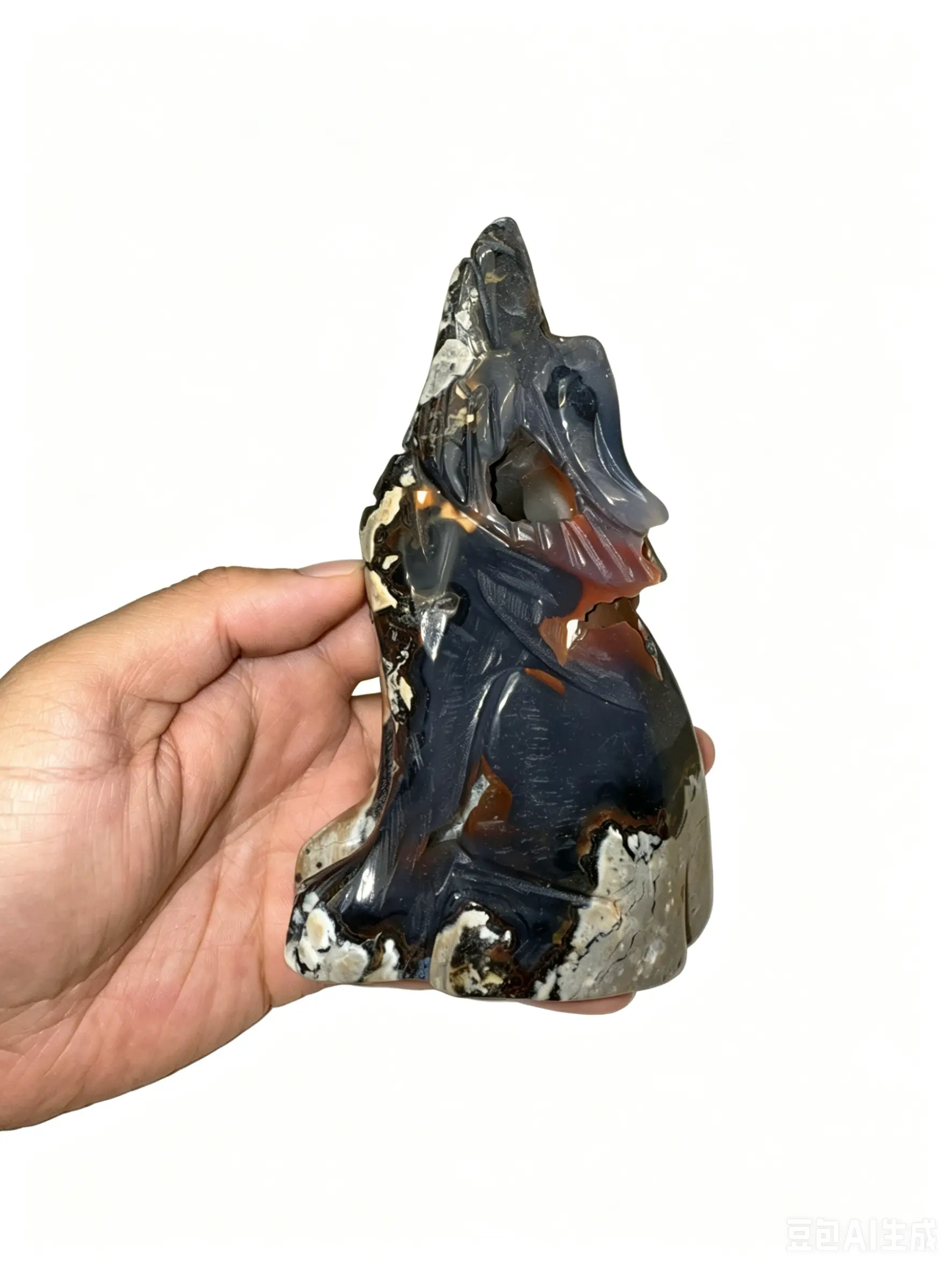 Hand-Carved Natural Volcanic Agate Howling Wolf Collectible - Agate Chalcedony with Carving, Fiery Red/Orange Druzy Inclusion, Subtle Green UV Flash, Unique Piece for Courage & Guidance, Loyalty, Freedom, Grounding, Protection, Strength & Transformation