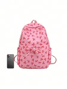 2-piece brand new cute cartoon full-print bow pattern backpack set, includes pink pencil case, transparent mesh storage bag, multi-functional makeup bag, foldable large-capacity waterproof zipper backpack with multiple pockets, suitable for back-to-school