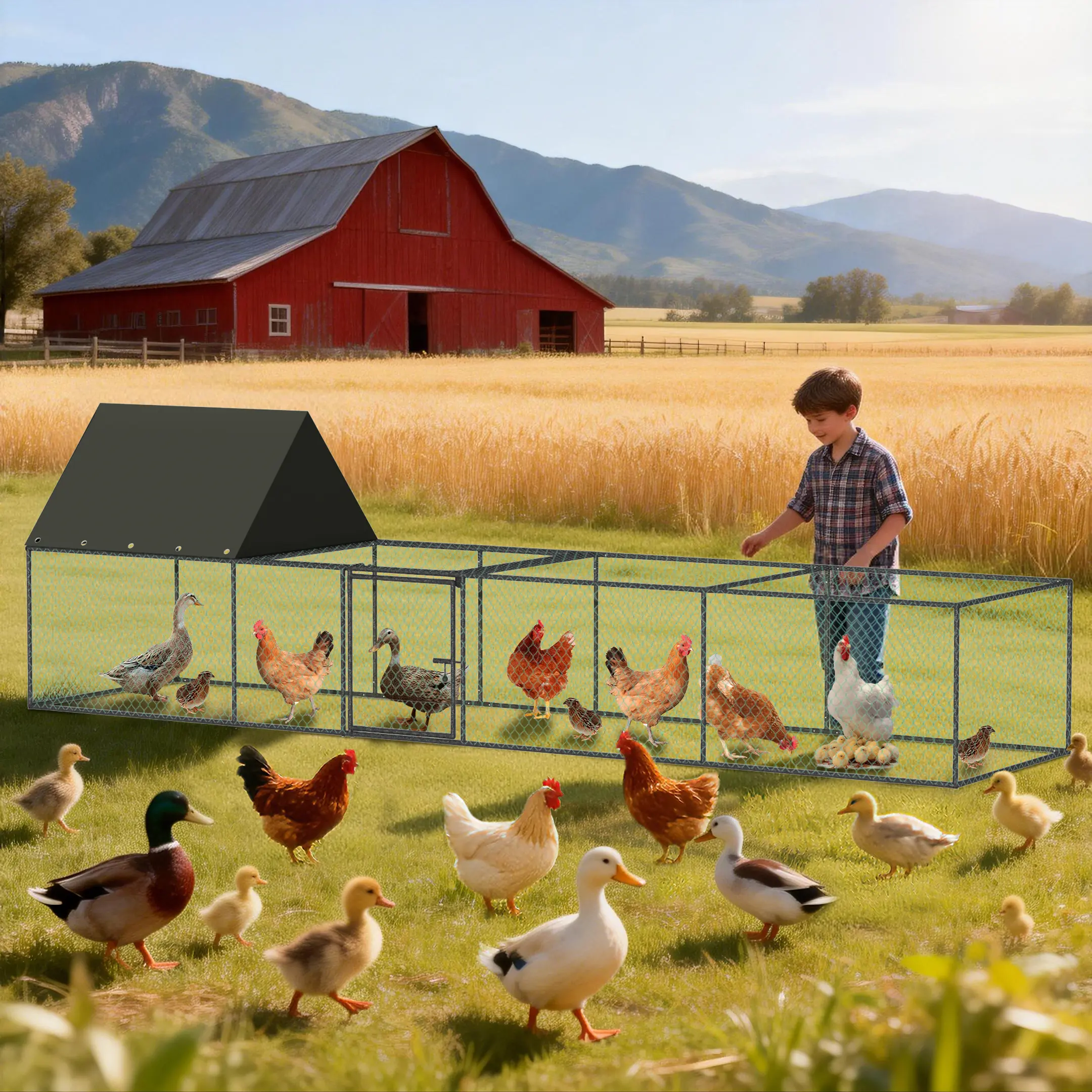 Bingopaw 10.5ft Metal Chicken Coop Outdoor Poultry Cage, Heavy Duty Iron Hen Run with Waterproof Cover, Large Backyard Pet Enclosure Pen
