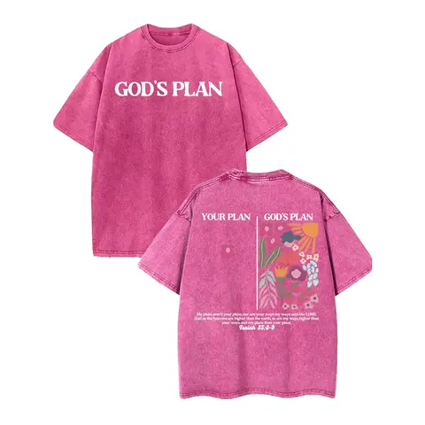 Women's 230g Cotton Round Neck Short-Sleeve Oversized Retro Vintage Tee - Dual-Sided Inspirational "God's Plan" Print, Floral Aesthetics, Relaxed Fit Streetwear, Machine Washable All-Season Casual Knit Top, Gift for Loved Ones