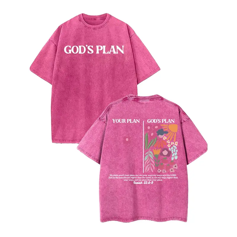 Women's 230g Cotton Round Neck Short-Sleeve Oversized Retro Vintage Tee - Dual-Sided Inspirational "God's Plan" Print, Floral Aesthetics, Relaxed Fit Streetwear, Machine Washable All-Season Casual Knit Top, Gift for Loved Ones