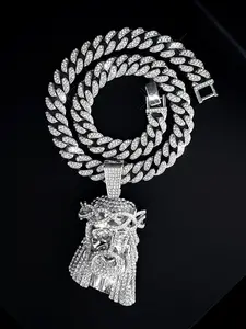 Men's Cross Jesus Pendant Necklace, Cuban Cross Necklace, Punk Style Rhinestone Design, Stainless Steel & Zinc Alloy Material, Ideal for All Occasions, Rhinestone Decorated Necklace
