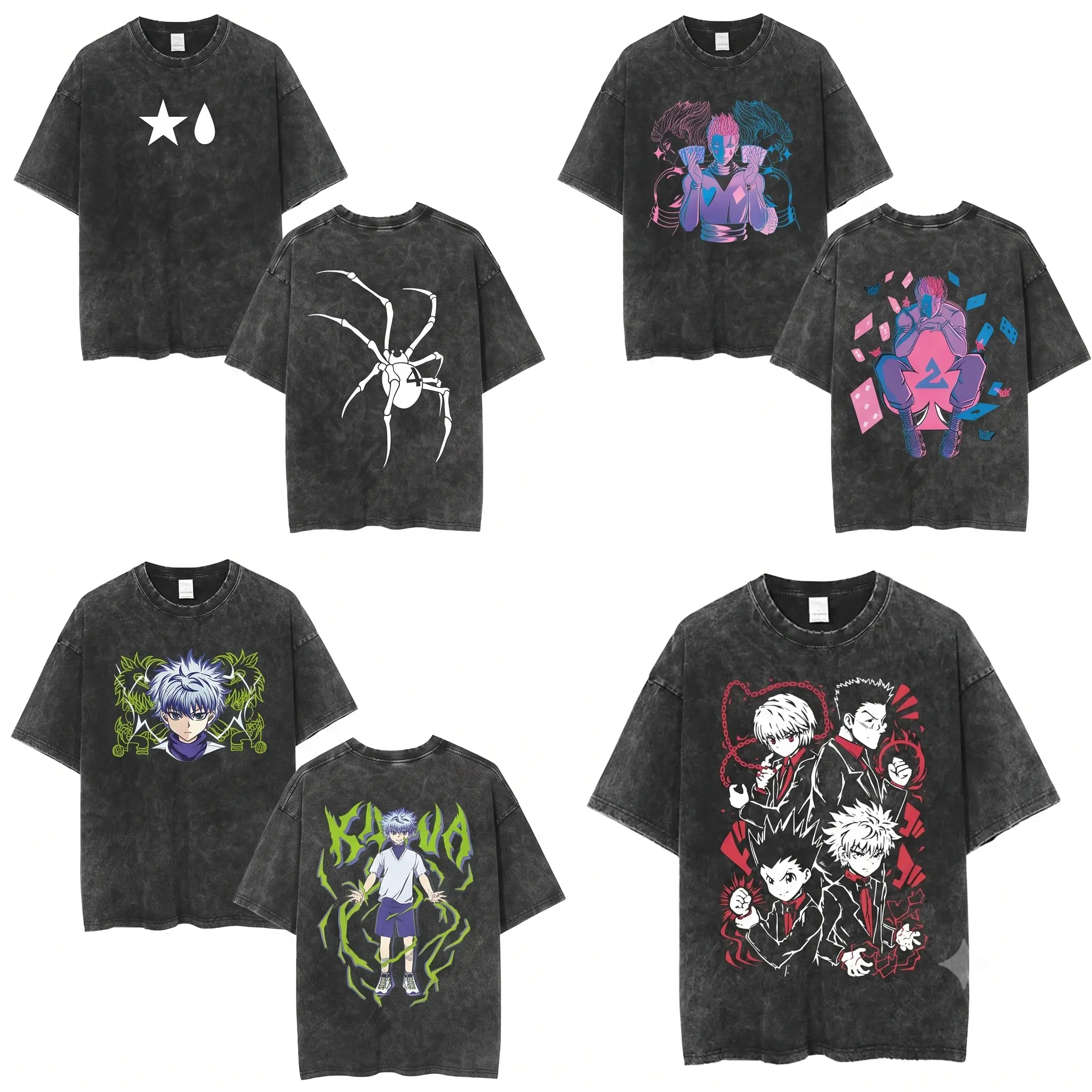Hunter x Hunter Shirt, Hisoka Killua Gon Kurapika Phantom Troupe fashion wear Oversized Tshirt, Vintage Anime Graphic Tee, Acid Wash Streetwear, Star Teardrop Spider #4 Hisoka Playing Cards Killua Godspeed Lightning Main Squad Front Chest Print Back