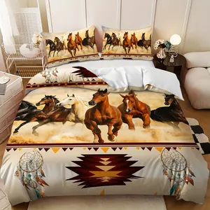 Bedding 3-piece set - 3PCS,Brown and black horse galloping in the sand design down comforter set (1 comforter cover + 2 pillowcases, filling not included). soft and comfortable, suitable for family bedrooms.