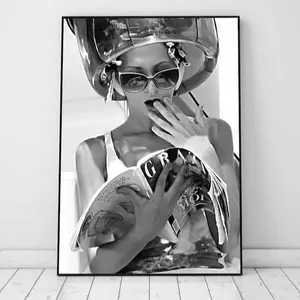 Woman Reading in Hair Salon Poster, Black and White Wall Art, Fashion Poster, Teen Girl Bathroom Decor, Hair Salon Wall Art