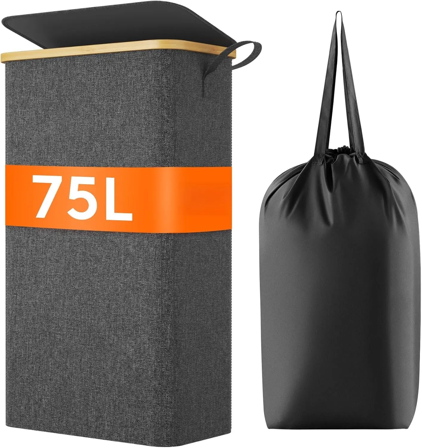 75L Slim Laundry Hamper with Lid, Narrow Laundry Basket with Removable Bag &  Handles, Fodable Thin Dirty Clothes Hamper for Laundry Collapsible Bin for Bathroom Bedroom Dorm, Dark Gray