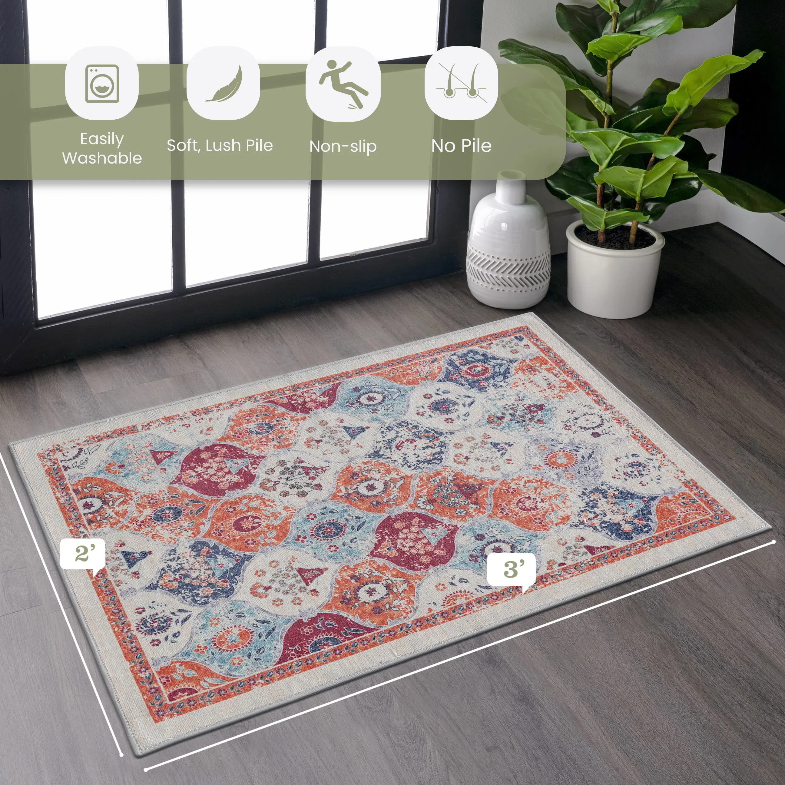 YYDS Naar 2x3 Cream Area Rug, Washable Area Rugs, Low-Pile, Non-Slip, Non-Shedding, Foldable, Kid&Pet Friendly, Area Rugs for living room, bedroom, kitchen, dining room rug, Perfect Gifts, (Cream, 2' x 3')