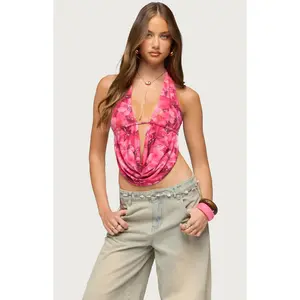 Edikted Women's Floral Mesh Cowl Neck Top