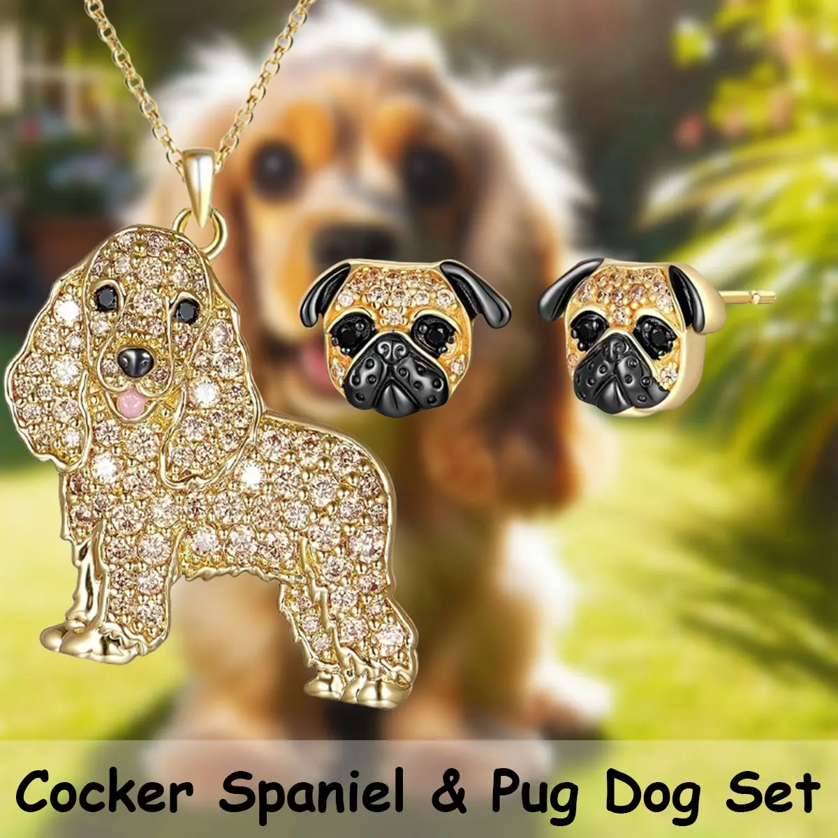 Women's 3-Piece Exquisite Sparkling Alloy Jewelry Set - Golden Cocker Spaniel Pendant Necklace, Pug Earrings, Daily Wear Gift for Dog Lovers (Birthday, Christmas Present)