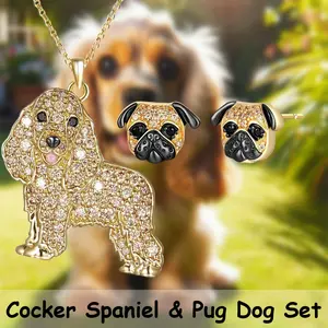 3 Pcs/Set Exquisite Sparkling Golden Cocker Spaniel Alloy Pendant Necklace & Adorable Pug Earrings Complete Jewelry Gift Set - Perfect Birthday, Christmas, Anniversary, Valentine'S Day Present For Women, Girls, Family, Friends, Dog Lovers
