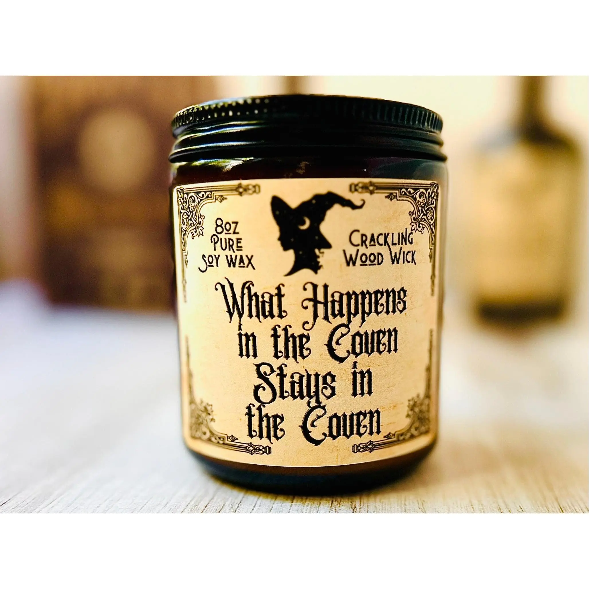 What happens in the Coven, Stays in the Coven Amber 8oz Crackling Wood Wick Soy Wax Choose your Scent