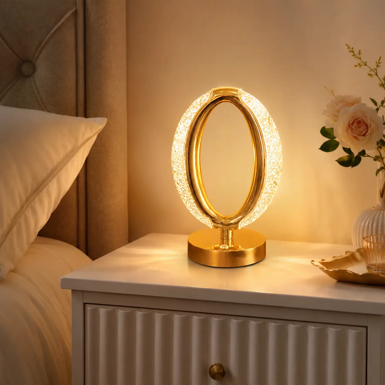 USB Rechargeable Crystal Oval Table Lamp, Touch-Controlled LED Table Lamp with 3 Lighting Modes, Modern Gold-Tone Base Ambient Night Light, Suitable for Bedrooms, Living Rooms, and Dining Rooms, Also Makes a Great Gift