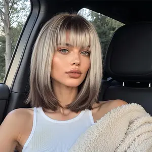 Ombre Brown to Blonde Bob Wig with Bangs Short Straight Ombre Wigs for Women 12 Inch Synthetic Straight Hair Wig for Girl Women Daily Party Wear