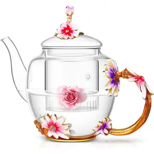 35OZ Enamel Glass Flower Teapot With Removable Loose Tea Leaf Infuser Tea Maker,Gifts For Women,Mom,Mothers Day,Christmas,Birthday,Valentines Day