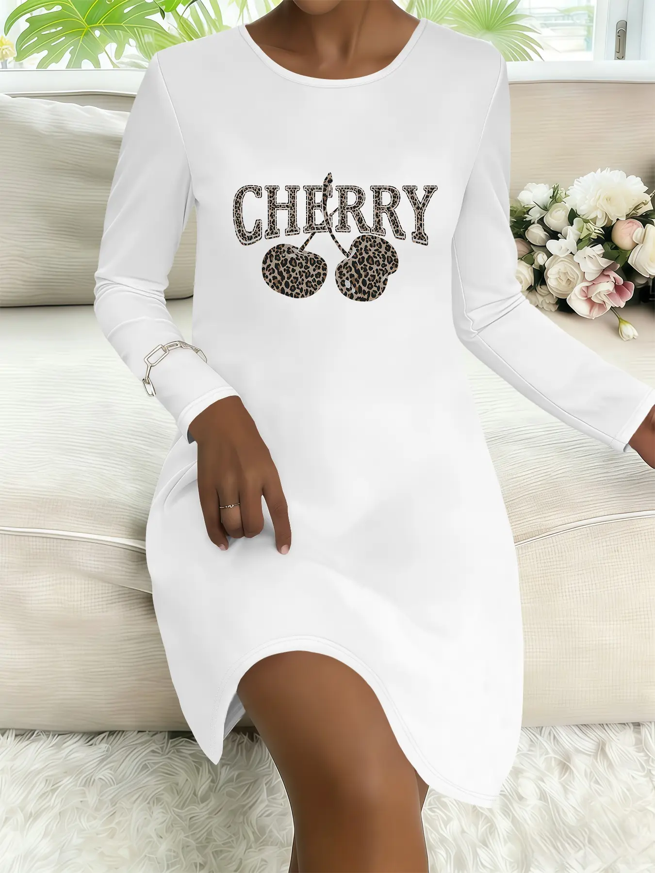 Plus Size Women's Leopard & Cherry Print Long Sleeve Dress, Slimming Versatile Commuter Midi Dress, Casual Spring & Fall Fashion