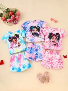 6-Piece Kids Tie-Dye Heart Pattern Set, Short Sleeve Shorts, Casual Slim Fit, Summer Outdoor Wear, 6 Months-3 Years, Baby Clothes Girl Clothing