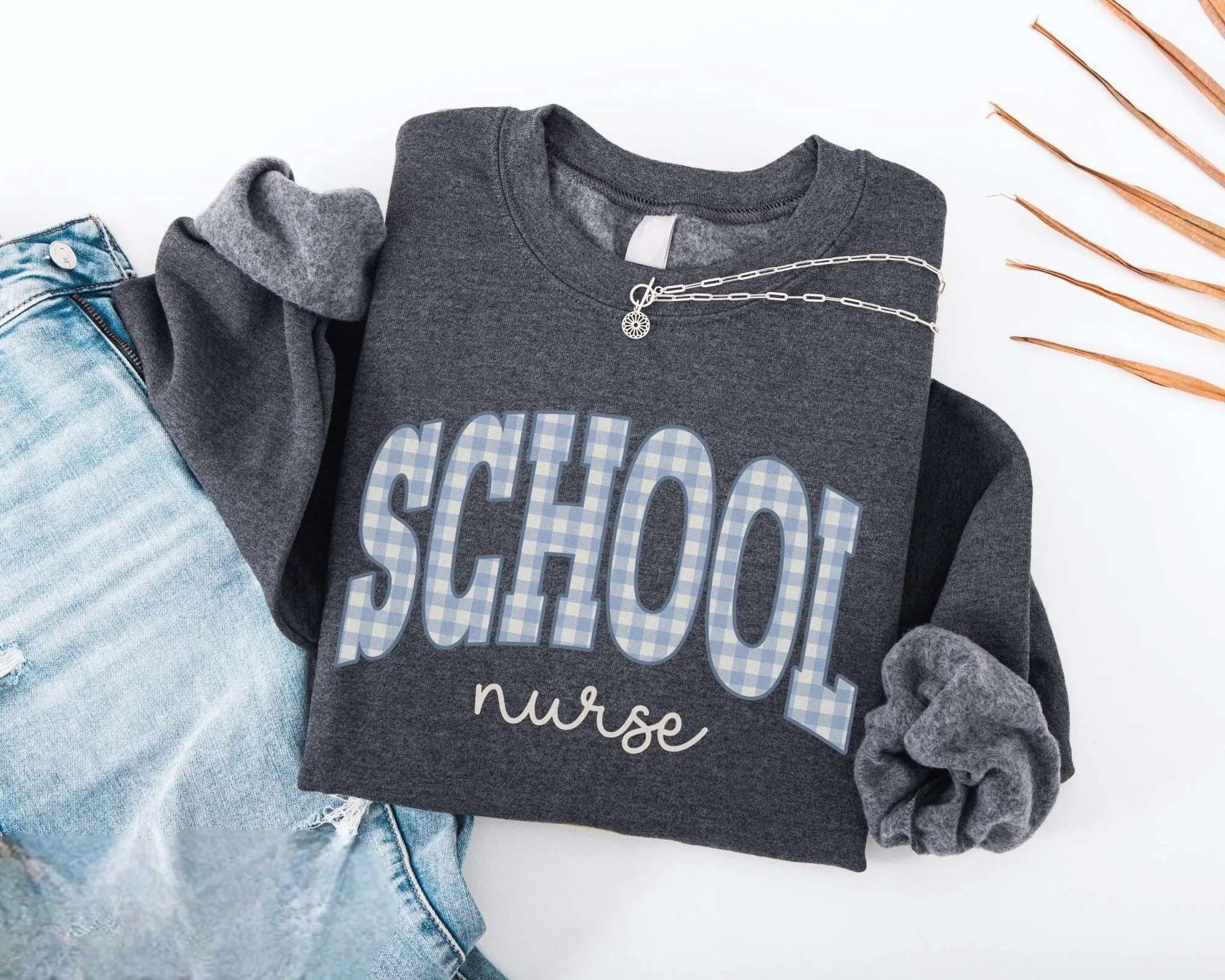 School Nurse T-Shirt /Sweatshirt/Hoodie - Blue Gingham School Nurse Work Sweater, Elementary School Nurse Pullover, Middle High School Nurse Gifts