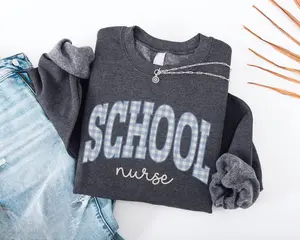 School Nurse T-Shirt /Sweatshirt/Hoodie - Blue Gingham School Nurse Work Sweater, Elementary School Nurse Pullover, Middle High School Nurse Gifts