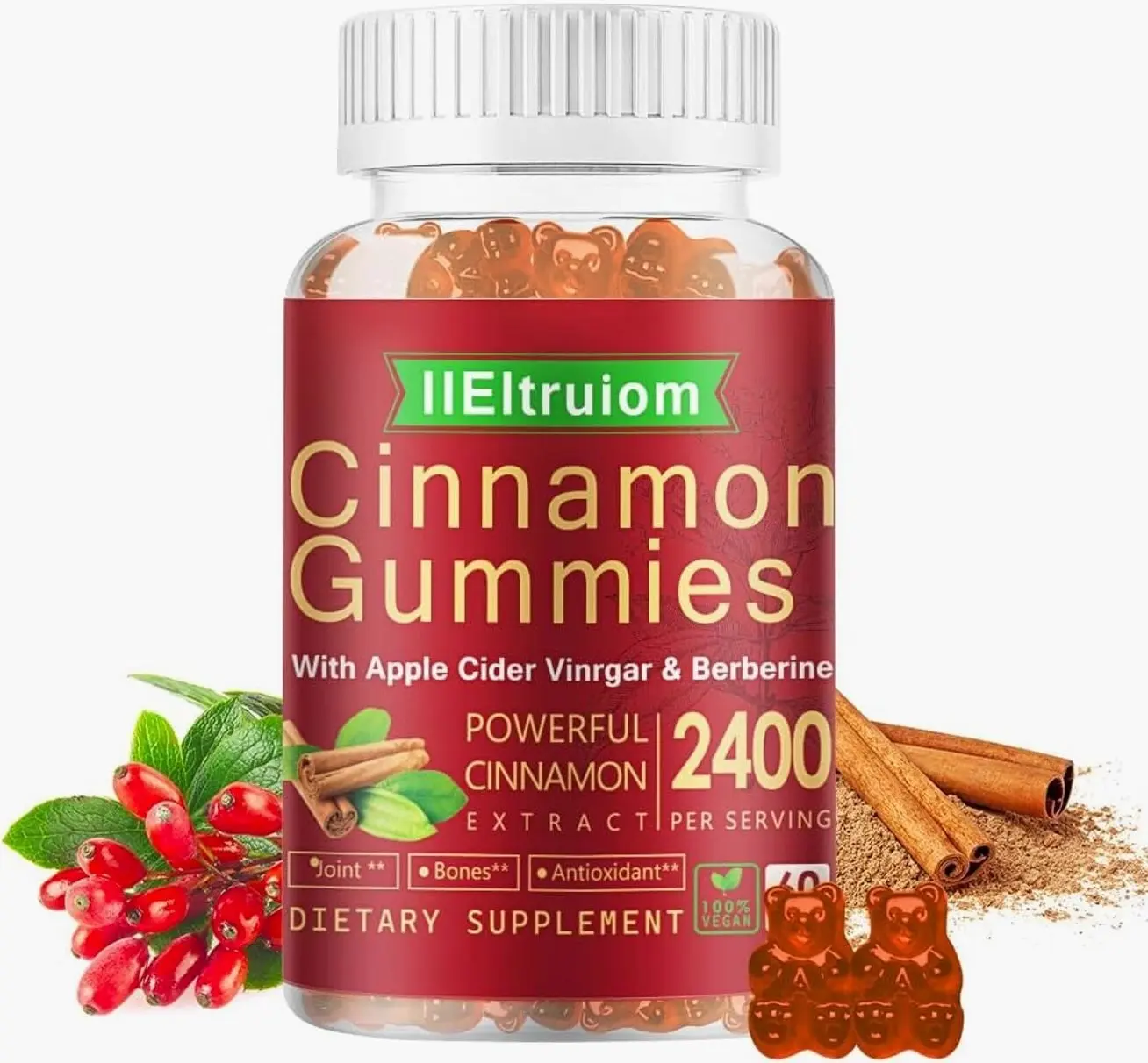 Ceylon Cinnamon Gummies 2400mg | Berberine, Turmeric, Apple Cider Vinegar, Bitter Melon & Chromium | Vegan, Non-GMO | 60 Count
