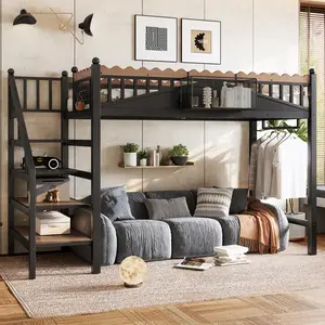 Twin XL Size Metal Loft Bed with Storage Stairs, Built-in Bookshelf & Storage Shelves, Space-Saving Bunk Bed Frame for Dorms, Guest Rooms, Bedrooms, Black (Mattress Not Included)