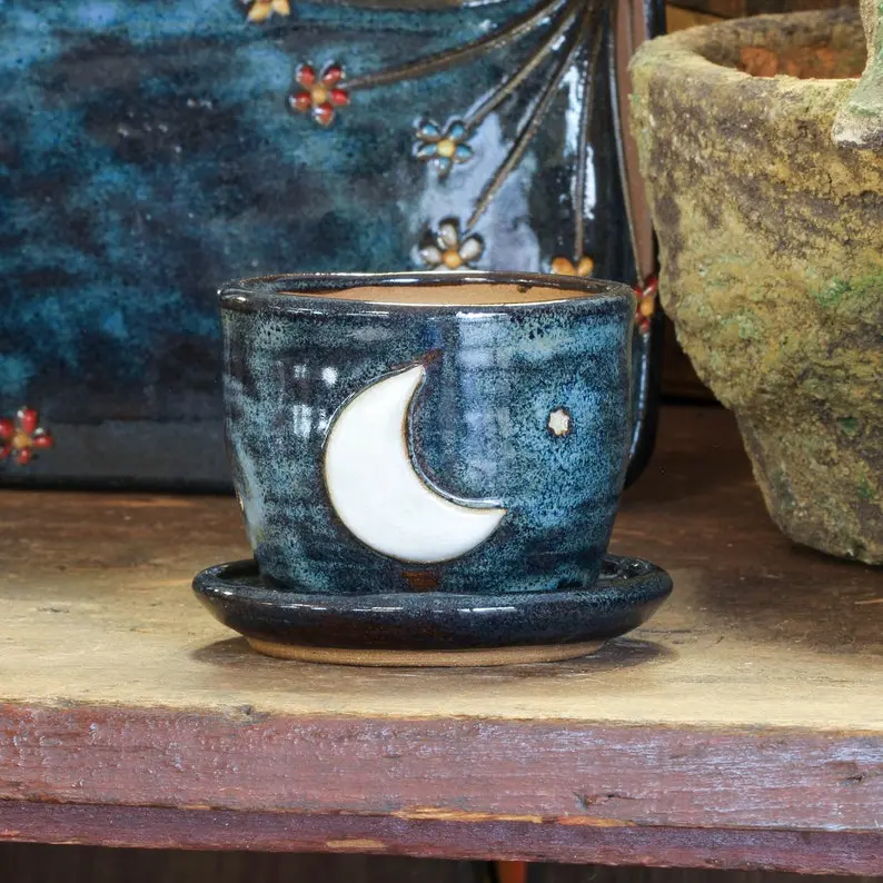 Crescent Moon Tiny Planter, Handmade ceramic Crescent Moon miniature succulent planter