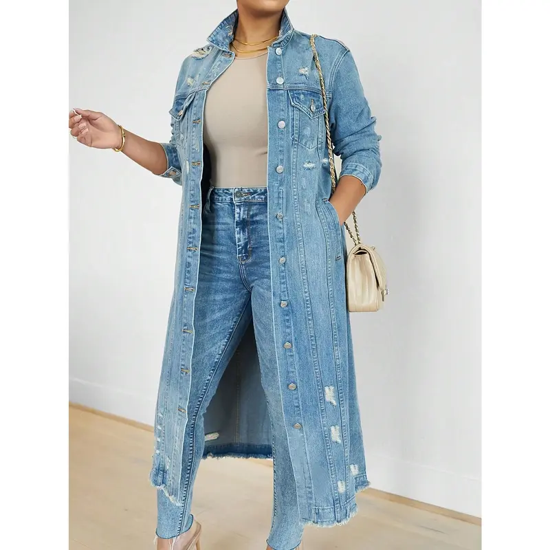 Womens Distressed Ripped Denim Trench Coat Casual Slim Button Down Washed Long Jean Jacket Long Sleeve Solid Color Coat