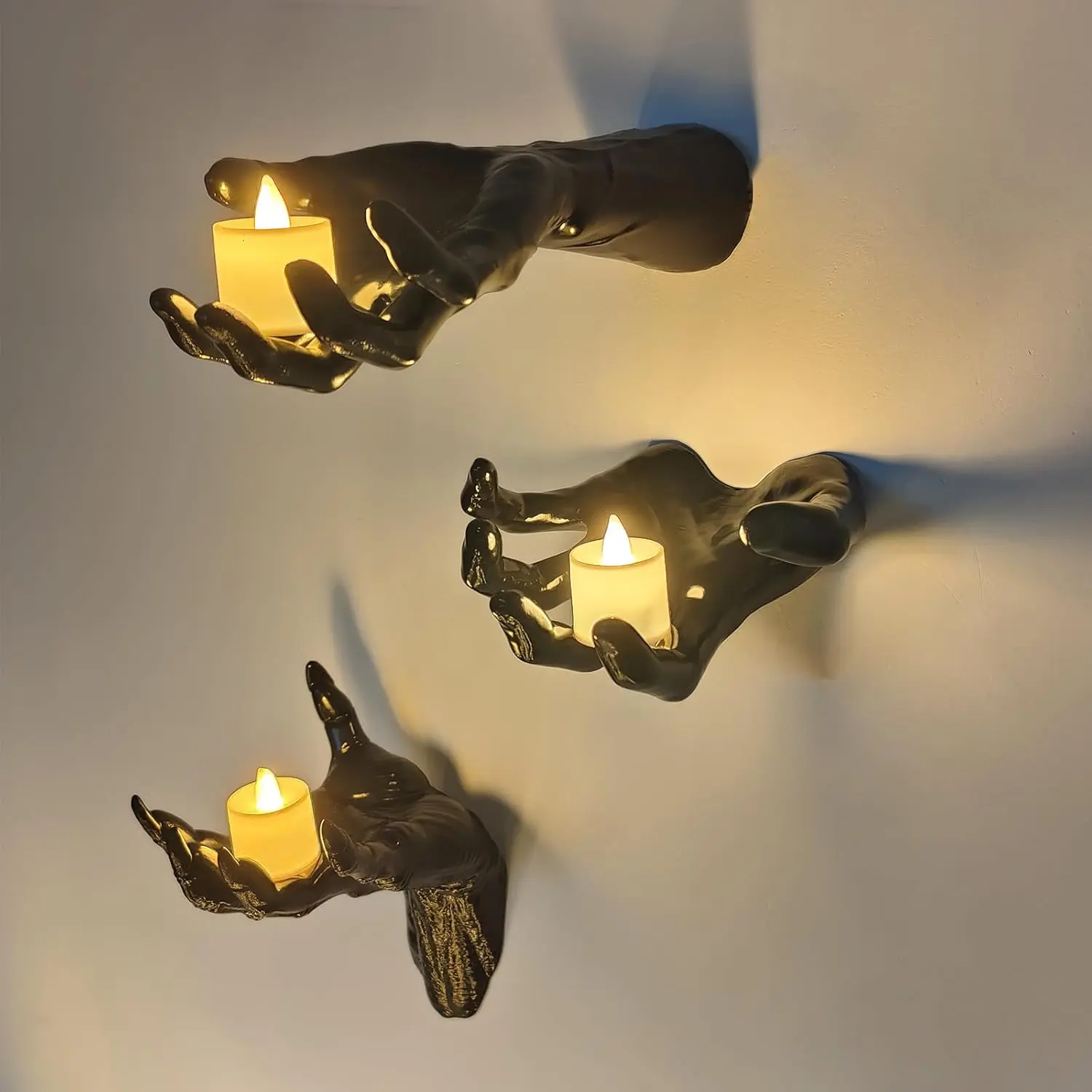 Indoor Halloween Decorations - 3-Piece Wall-Mounted Creepy Reaching Hands with Lighted Candles, Life-Sized Horror Hands for Gothic Wall Decor, Scary Ornament for Hang Items