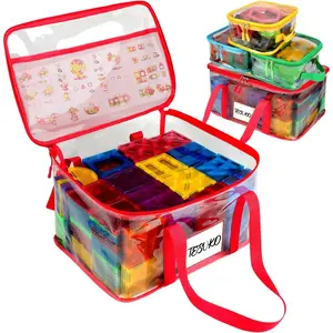 4 Pack Magnetic Tiles Storage Bag with Manual Pocket& Name Tag, Whole Clear PVC Magnetictiles Organizer Case for Magnetic Tiles, Building Blocks, Toy Cars, Board Game, Puzzle (Colorful)